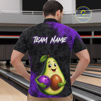 Purple Grunge Bowling Ball Pattern Jersey Custom Funny Avocado Bowling Polo 1/4-Zip Shirt For Men NYN4528