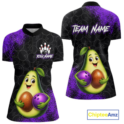Purple Grunge Bowling Ball Pattern Jersey Custom Funny Avocado Bowling Polo 1/4-Zip Shirt For Women NYN4528