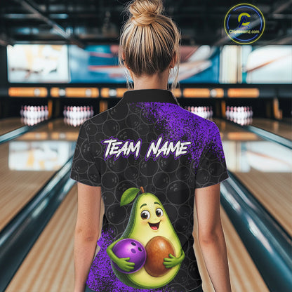 Purple Grunge Bowling Ball Pattern Jersey Custom Funny Avocado Bowling Polo 1/4-Zip Shirt For Women NYN4528
