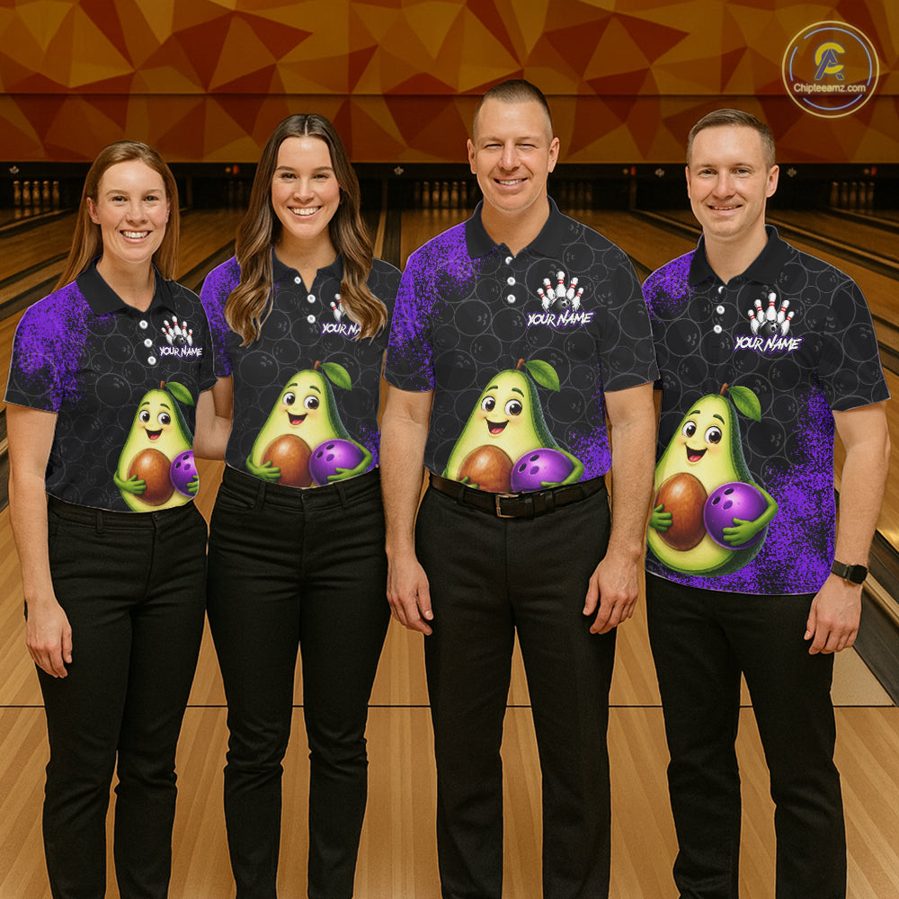 Purple Grunge Bowling Ball Pattern Jersey Custom Funny Avocado Bowling Polo 1/4-Zip Shirt For Men NYN4528