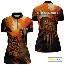 Load image into Gallery viewer, Custom Orange Grunge Skull Dartboard Patriotic Dart Women 1/4-Zip Jerseys US Flag Dart Shirt NYN1713
