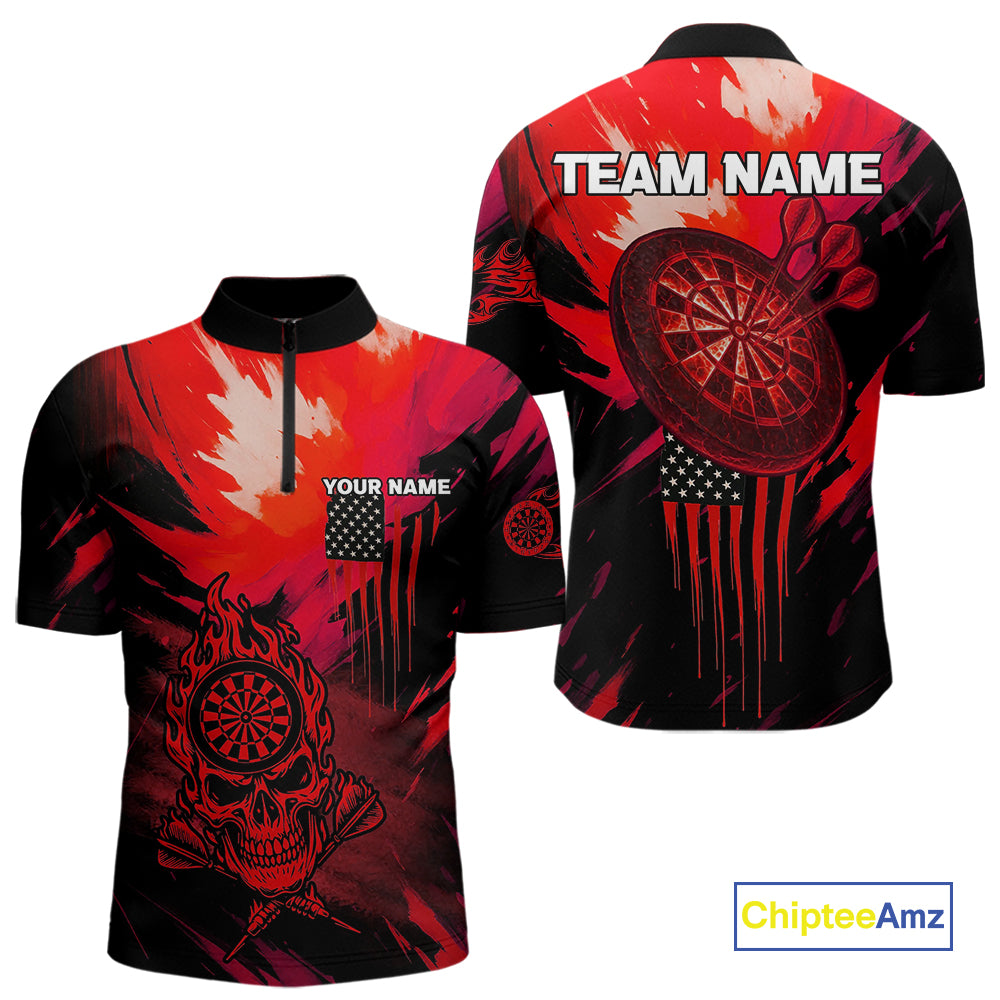 Custom Red Grunge Skull Dartboard Patriotic Dart Men 1/4-Zip Jerseys US Flag Dart Shirt NYN1714