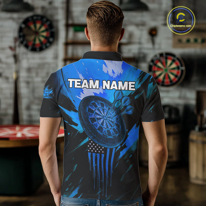 Custom Blue Grunge Skull Dartboard Patriotic Dart Men Polo Jerseys US Flag Dart Shirt NYN1715