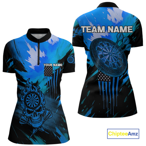 Custom Blue Grunge Skull Dartboard Patriotic Dart Women 1/4-Zip Jerseys US Flag Dart Shirt NYN1715