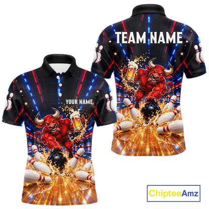 Splatter Beer & Bull Bowling Polo 1/4-Zip Shirt For Men Custom Funny Bowling Tournament Jersey NYN4913
