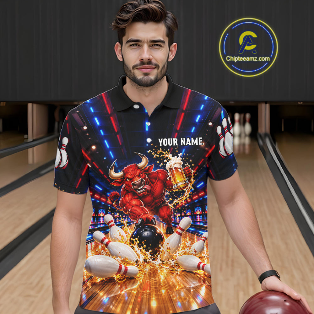 Splatter Beer & Bull Bowling Polo 1/4-Zip Shirt For Men Custom Funny Bowling Tournament Jersey NYN4913