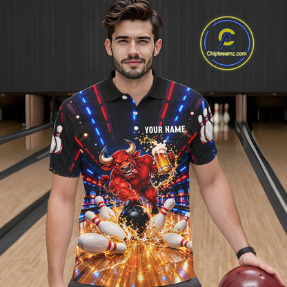 Splatter Beer & Bull Bowling Polo 1/4-Zip Shirt For Men Custom Funny Bowling Tournament Jersey NYN4913