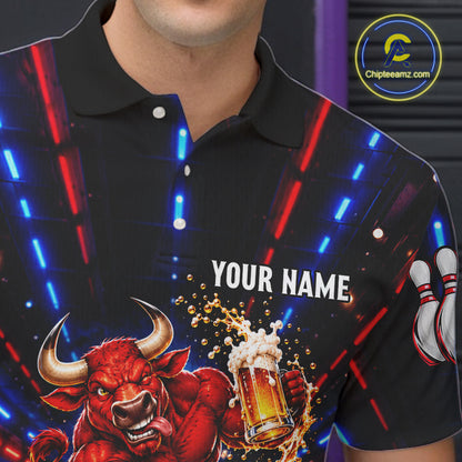 Splatter Beer & Bull Bowling Polo 1/4-Zip Shirt For Men Custom Funny Bowling Tournament Jersey NYN4913
