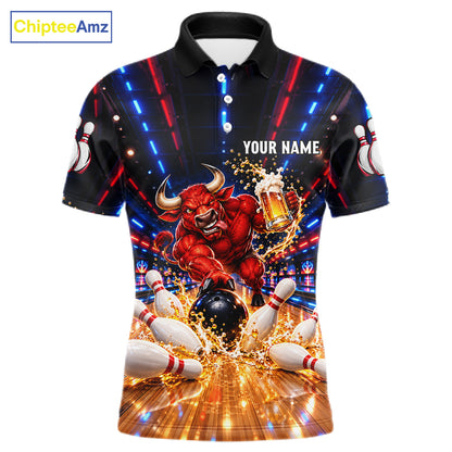 Splatter Beer & Bull Bowling Polo 1/4-Zip Shirt For Men Custom Funny Bowling Tournament Jersey NYN4913