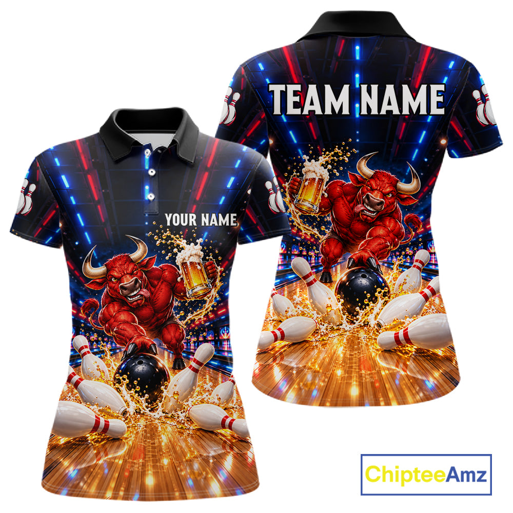 Splatter Beer & Bull Bowling Polo 1/4-Zip Shirt For Women Custom Funny Bowling Tournament Jersey NYN4913
