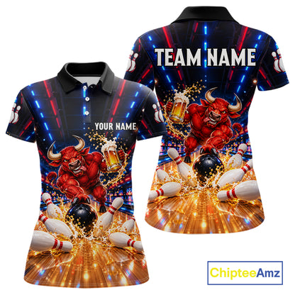 Splatter Beer & Bull Bowling Polo 1/4-Zip Shirt For Women Custom Funny Bowling Tournament Jersey NYN4913