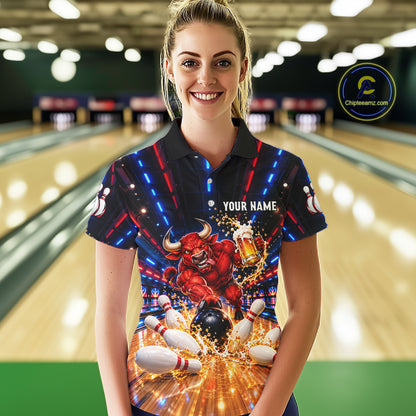 Splatter Beer & Bull Bowling Polo 1/4-Zip Shirt For Women Custom Funny Bowling Tournament Jersey NYN4913
