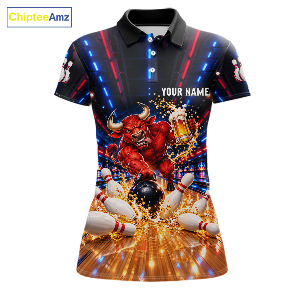Splatter Beer & Bull Bowling Polo 1/4-Zip Shirt For Women Custom Funny Bowling Tournament Jersey NYN4913