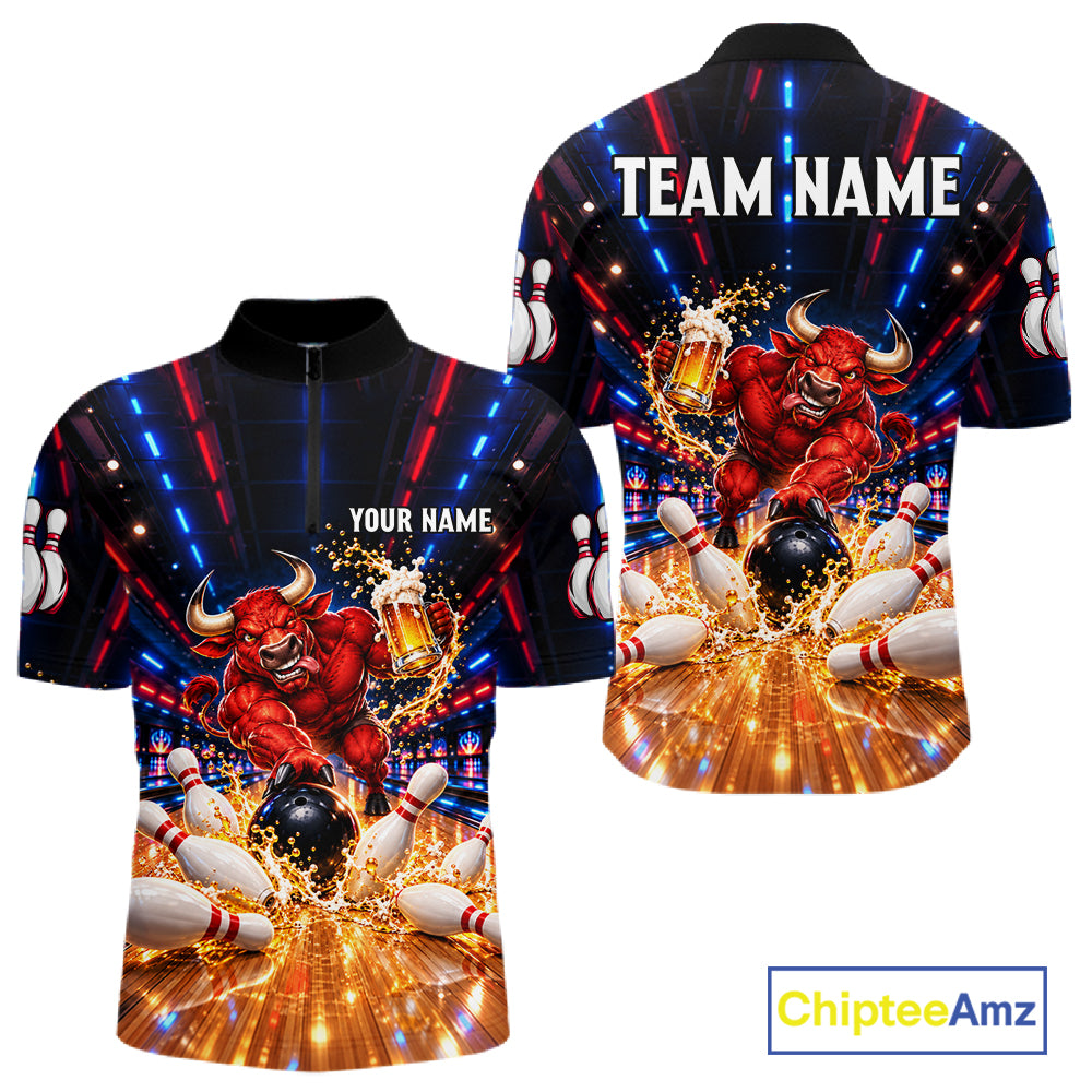 Splatter Beer & Bull Bowling Polo 1/4-Zip Shirt For Men Custom Funny Bowling Tournament Jersey NYN4913