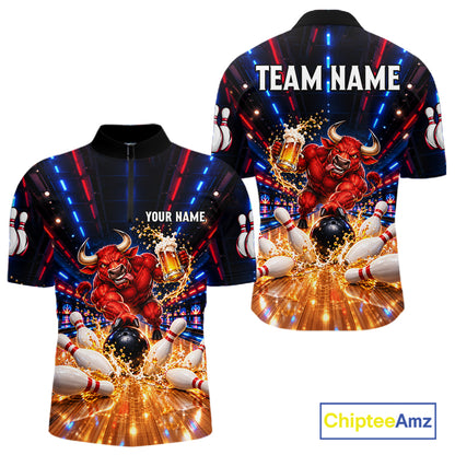 Splatter Beer & Bull Bowling Polo 1/4-Zip Shirt For Men Custom Funny Bowling Tournament Jersey NYN4913