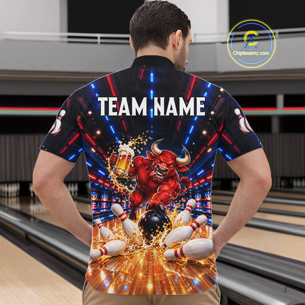 Splatter Beer & Bull Bowling Polo 1/4-Zip Shirt For Men Custom Funny Bowling Tournament Jersey NYN4913