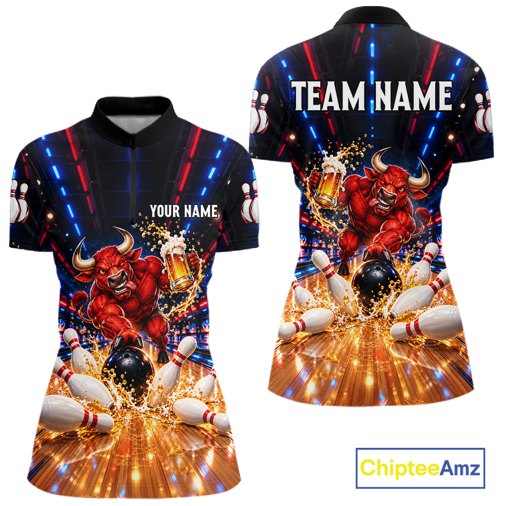 Splatter Beer & Bull Bowling Polo 1/4-Zip Shirt For Women Custom Funny Bowling Tournament Jersey NYN4913