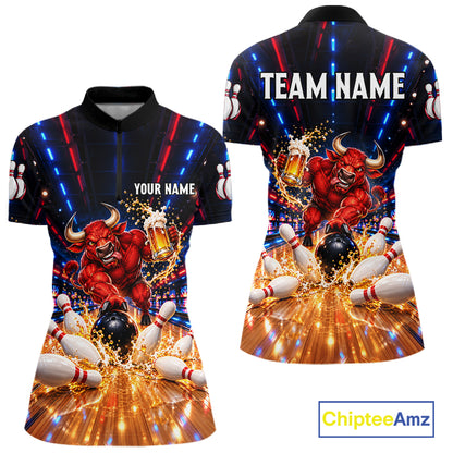 Splatter Beer & Bull Bowling Polo 1/4-Zip Shirt For Women Custom Funny Bowling Tournament Jersey NYN4913