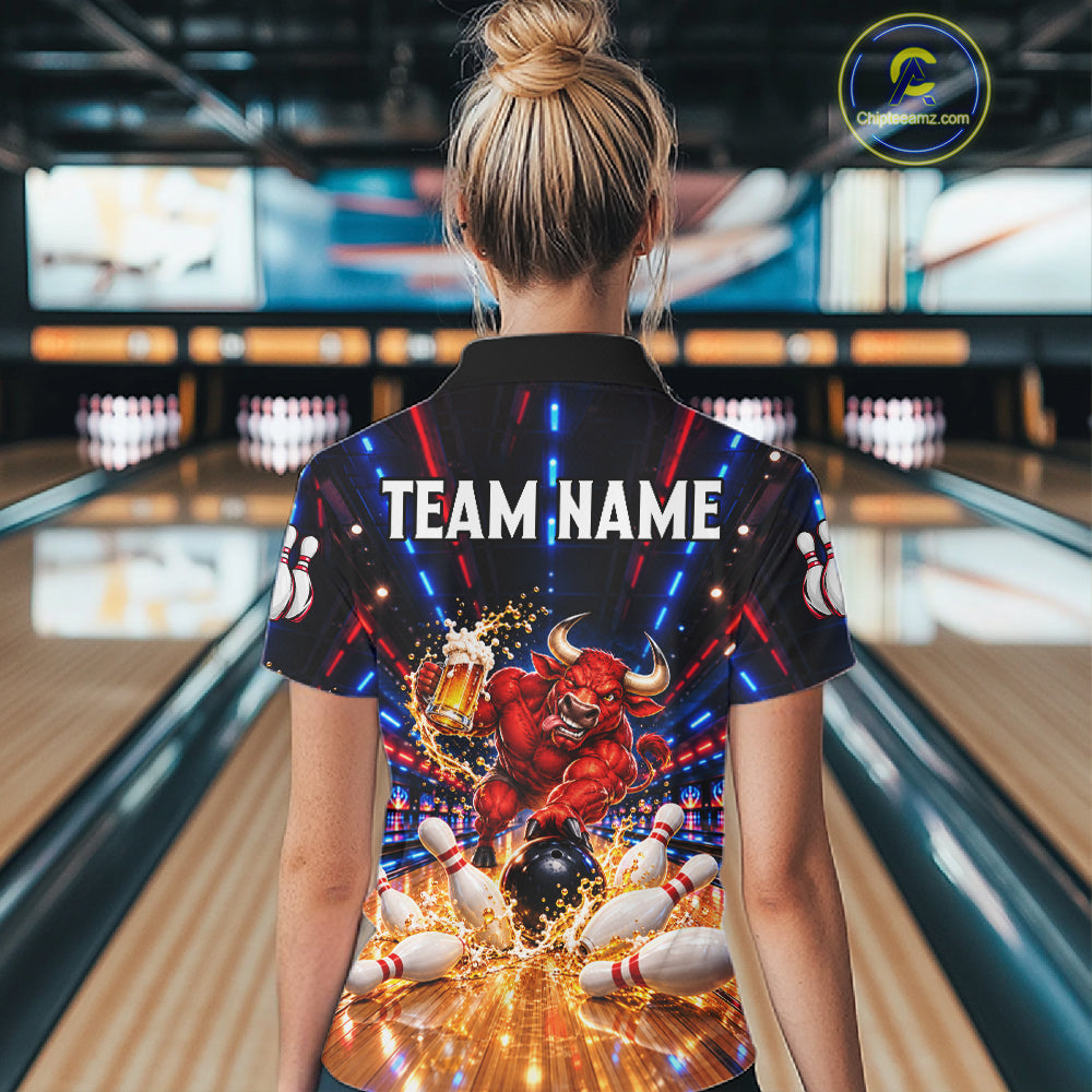 Splatter Beer & Bull Bowling Polo 1/4-Zip Shirt For Women Custom Funny Bowling Tournament Jersey NYN4913
