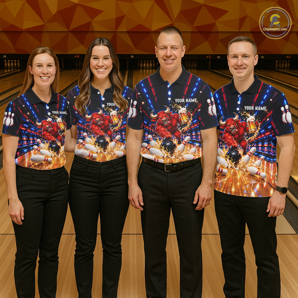 Splatter Beer & Bull Bowling Polo 1/4-Zip Shirt For Men Custom Funny Bowling Tournament Jersey NYN4913