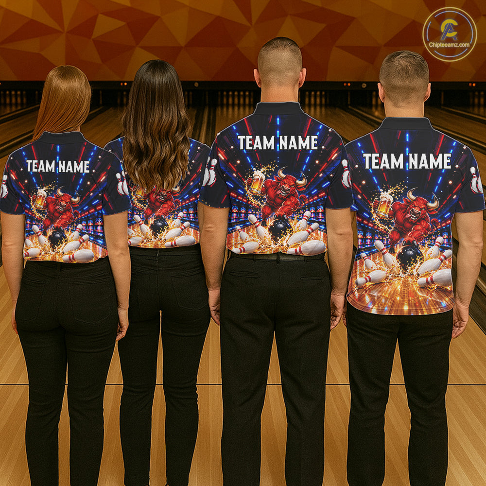 Splatter Beer & Bull Bowling Polo 1/4-Zip Shirt For Men Custom Funny Bowling Tournament Jersey NYN4913