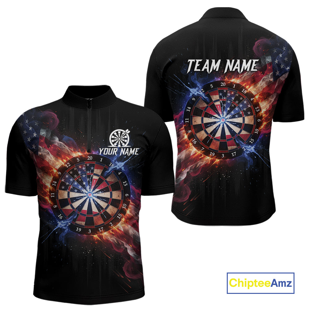 Custom Colorful US Flag Smoke Dartboard Men Darts Quarter-Zip Shirt Patriotic Dart Gifts NYN1992