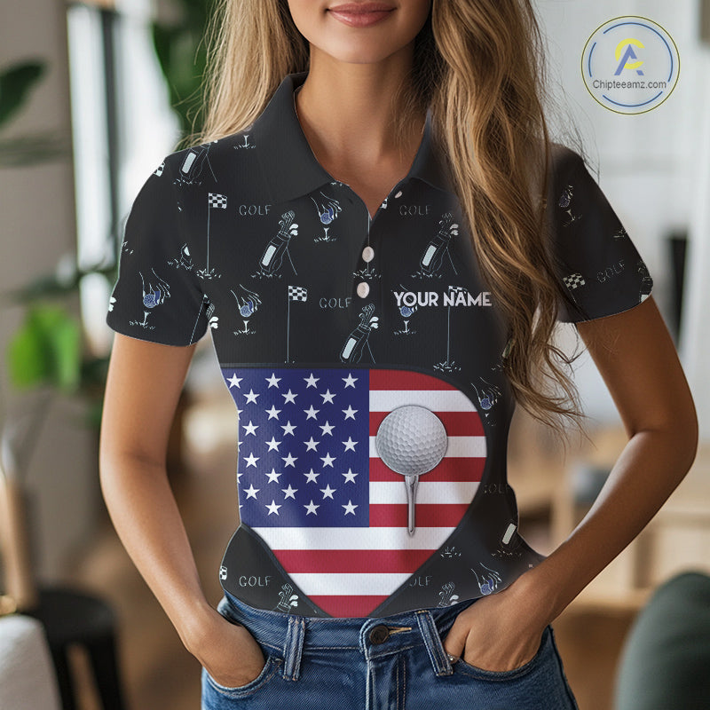 Personalized American Flag Womens Golf Polo Shirts Custom Patriotic Golf Ball Team Jerseys NYN3096