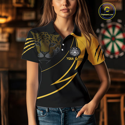 Women's Custom Darts Shirt - Yellow Panther With Dartboard & Arrow | Personalized Name NYN0323