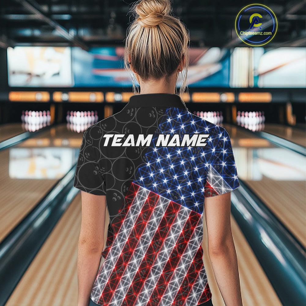 Lightning American Flag Black Bowling Shirts For Women Custom Patriotic Team Bowling Jersey NYN3272