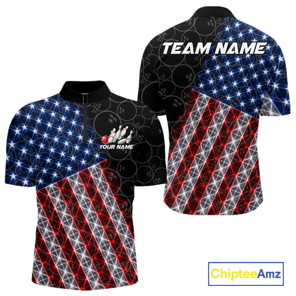Lightning American Flag Black Bowling Shirts For Men Custom Patriotic Team Bowling Jersey NYN3272