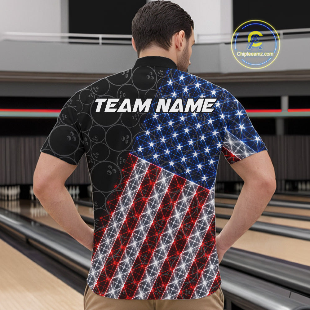 Lightning American Flag Black Bowling Shirts For Men Custom Patriotic Team Bowling Jersey NYN3272