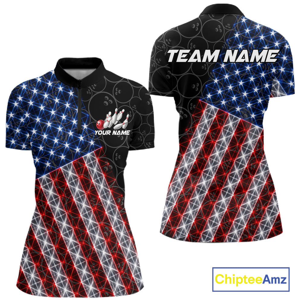 Lightning American Flag Black Bowling Shirts For Women Custom Patriotic Team Bowling Jersey NYN3272