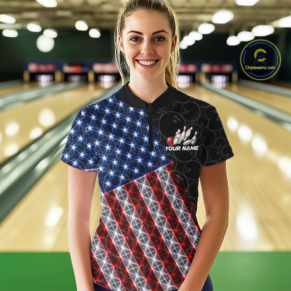 Lightning American Flag Black Bowling Shirts For Women Custom Patriotic Team Bowling Jersey NYN3272