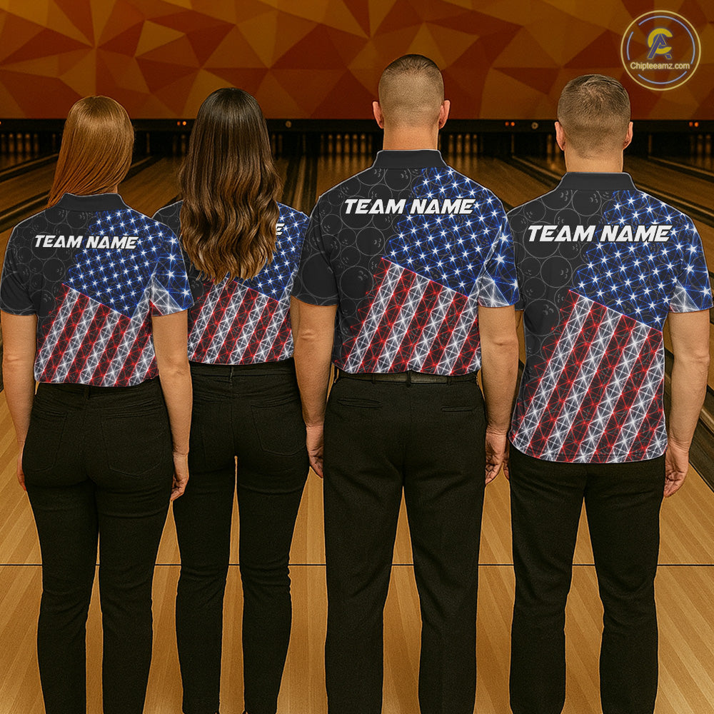 Lightning American Flag Black Bowling Shirts For Women Custom Patriotic Team Bowling Jersey NYN3272