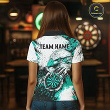 Load image into Gallery viewer, Female darts player wearing Custom Turquoise Grunge Eagle Scratch Dartboard darts jersey during league match and tournament competition, personalized dart apparel