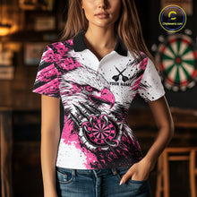 Load image into Gallery viewer, Female darts player wearing Custom Pink Grunge Eagle Scratch Dartboard darts jersey during league competition, custom darts apparel and team uniform