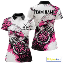 Load image into Gallery viewer, Custom Pink Grunge Eagle Scratch Dartboard women's darts polo shirt, personalized dart team jersey, ladies darts uniform, custom dartboard polo, tournament darts apparel, competitive darts shirt