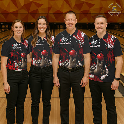 Bowling team wearing matching Funny Raccoon jerseys featuring personalized names, mascot-inspired uniforms, family bowling league apparel, friendship, teamwork, corporate team building, championship spirit.
