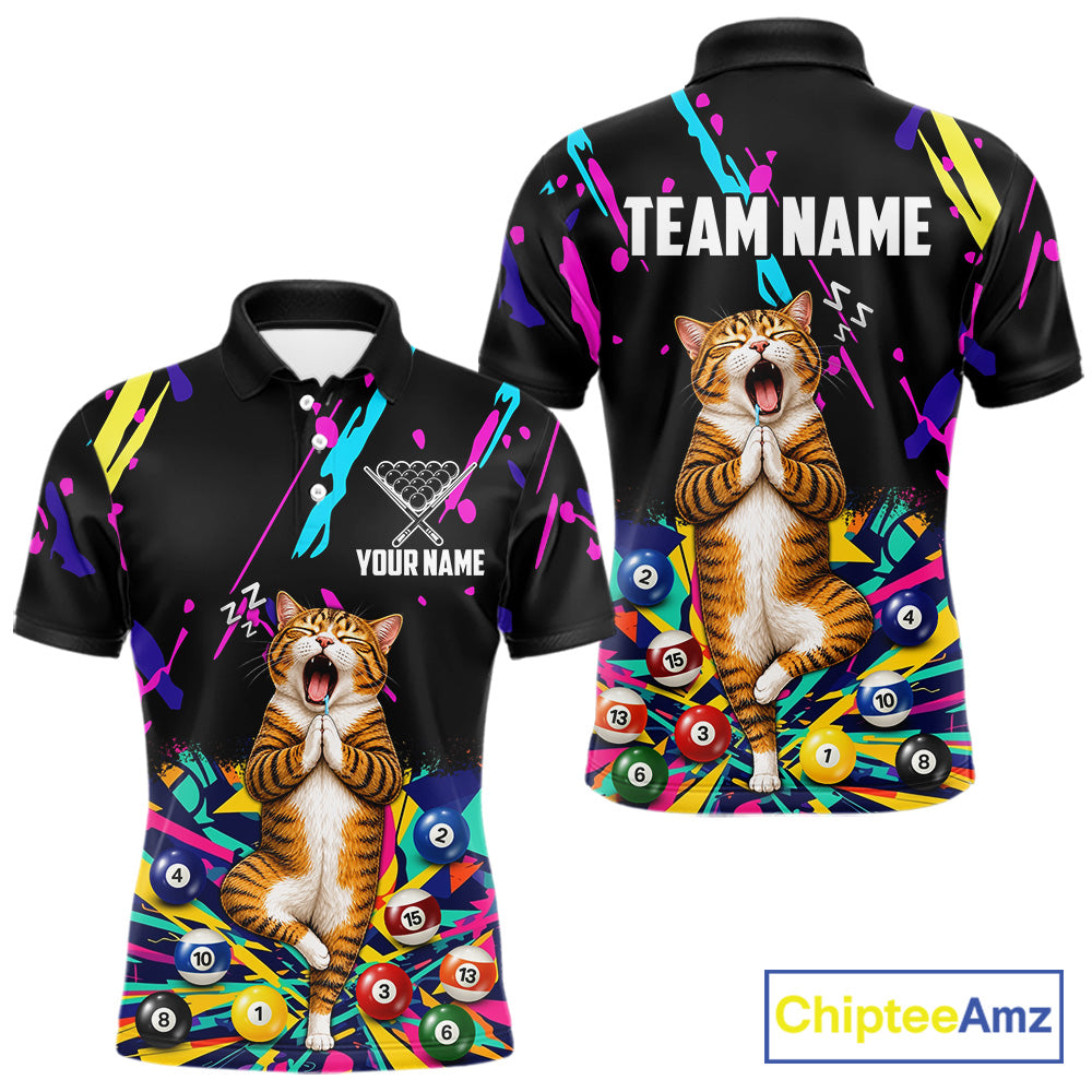Men's Colorful Splatter Funny Cat billiard polo featuring custom name, personalized league jersey, billiard  tournament apparel, custom pool team shirt, moisture-wicking sports polo.
