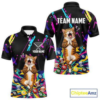 Men's Colorful Splatter Funny Cat billiard polo featuring custom name, personalized league jersey, billiard  tournament apparel, custom pool team shirt, moisture-wicking sports polo.