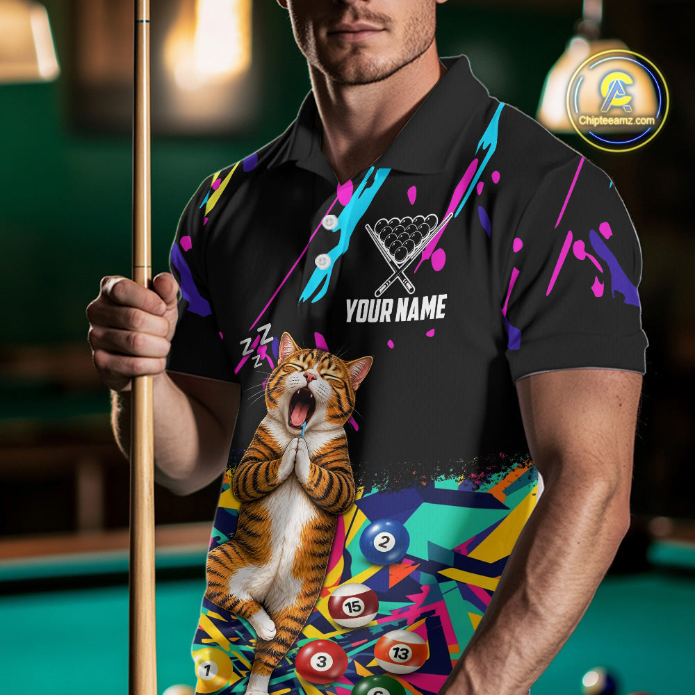 Male model wearing colorful Funny Cat pool polo shirt, personalized tournament jersey, APA team uniform, breathable athletic apparel.