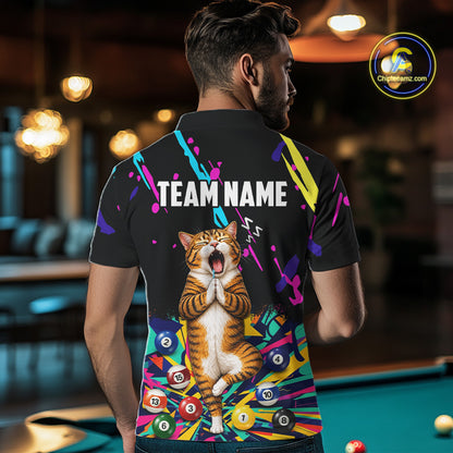 Male model wearing colorful Funny Cat pool polo shirt, personalized tournament jersey, APA team uniform, breathable athletic apparel.