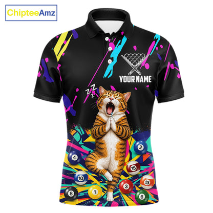 Men's Colorful Splatter Funny Cat billiard polo featuring custom name, personalized league jersey, billiard  tournament apparel, custom pool team shirt, moisture-wicking sports polo.