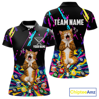 Women's Colorful Splatter Funny Cat billiard polo shirt with personalized name, custom pool league jersey, APA, BCA, VNEA apparel, breathable performance fabric, cue sports clothing, matching team uniform.