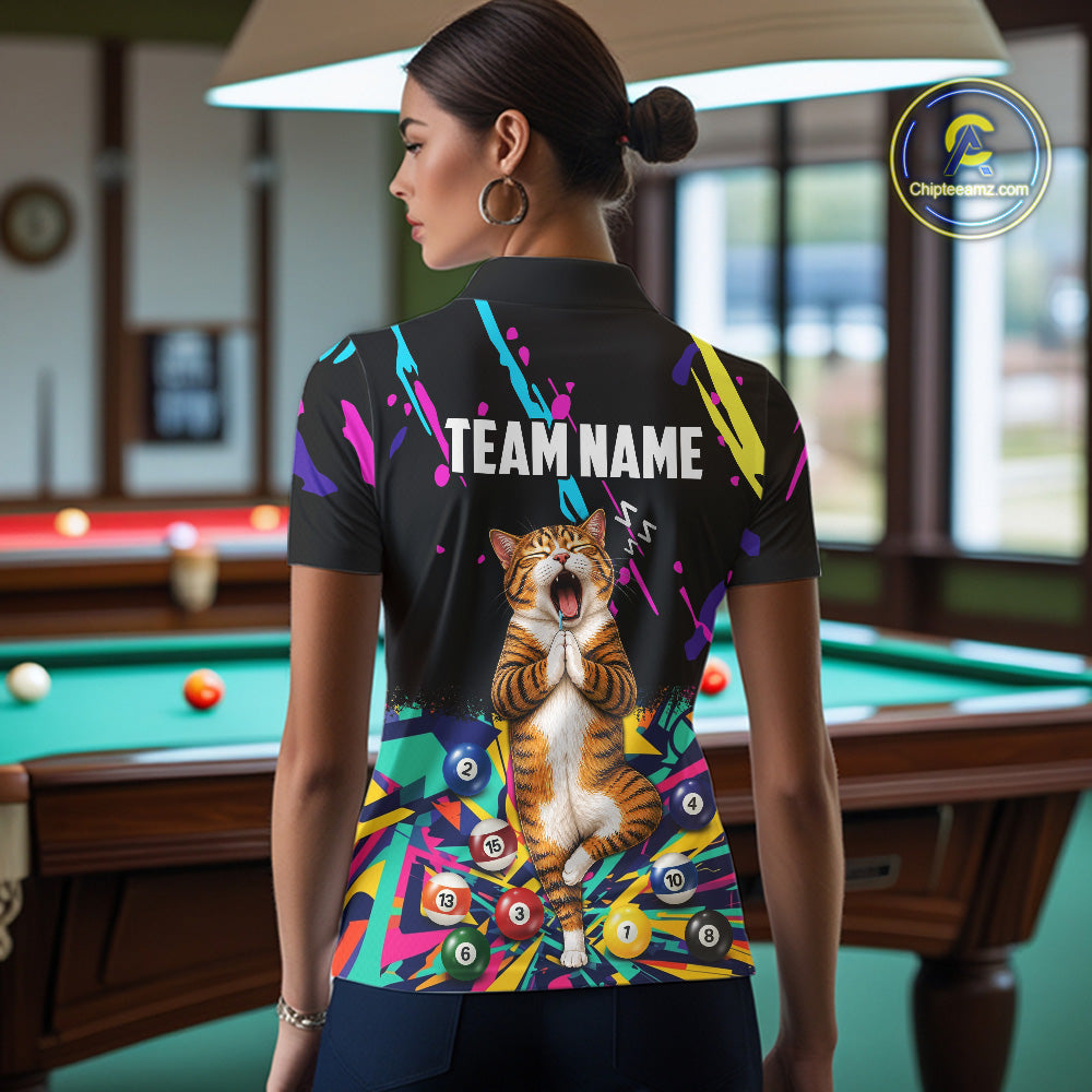 Female model wearing colorful Funny Cat billiard polo with personalized name, APA league apparel, custom cue sports clothing, matching sports outfit.