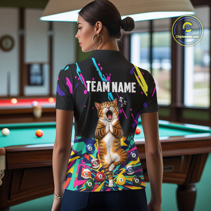 Female model wearing colorful Funny Cat billiard polo with personalized name, APA league apparel, custom cue sports clothing, matching sports outfit.