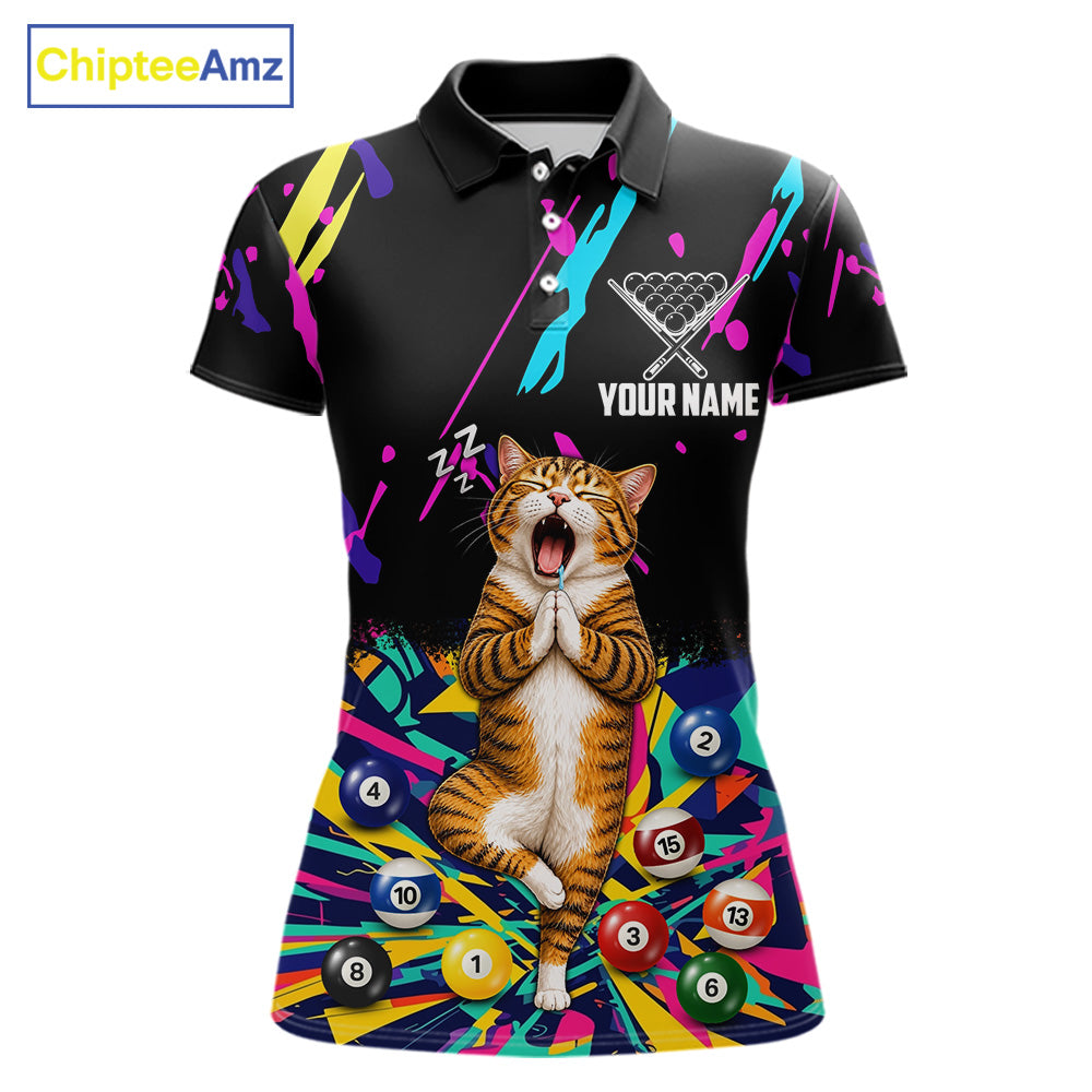 Women's Colorful Splatter Funny Cat billiard polo shirt with personalized name, custom pool league jersey, APA, BCA, VNEA apparel, breathable performance fabric, cue sports clothing, matching team uniform.