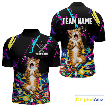 Men's colorful splatter Funny Cat quarter zip billiard jersey, personalized pool league apparel, BCA tournament shirt, athletic custom uniform.