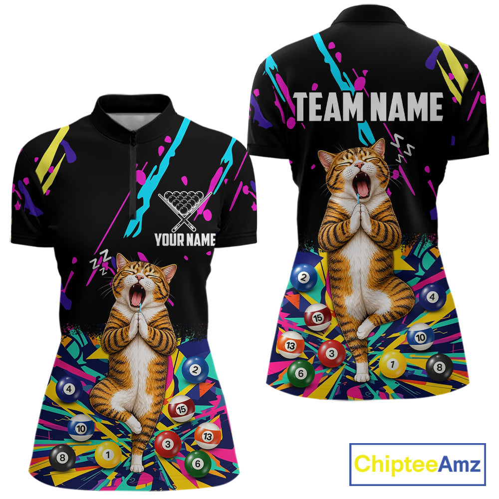 Women's quarter zip billiard shirt with colorful splatter Funny Cat artwork, personalized tournament jersey, APA team apparel, cue sports performance clothing.