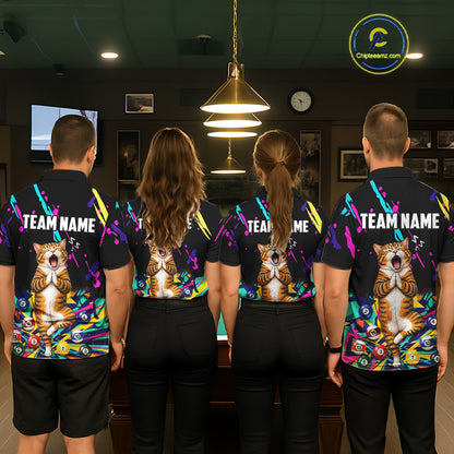Matching team wearing colorful Funny Cat billiard jerseys with personalized names, billiard league uniforms, custom club apparel.